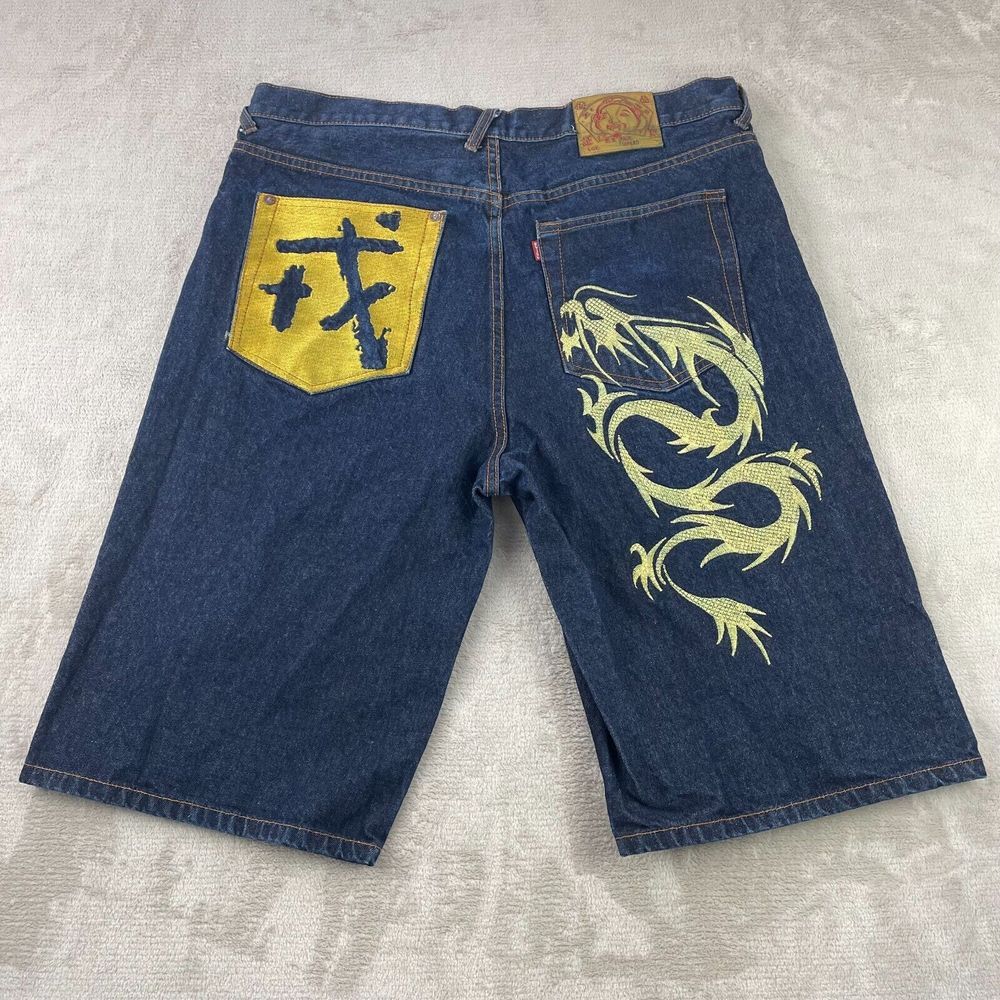 EVISU Jean Shorts Men 40 (Meas. 38) Blue Embroidered Year of‎ Dragon Y2K Baggy